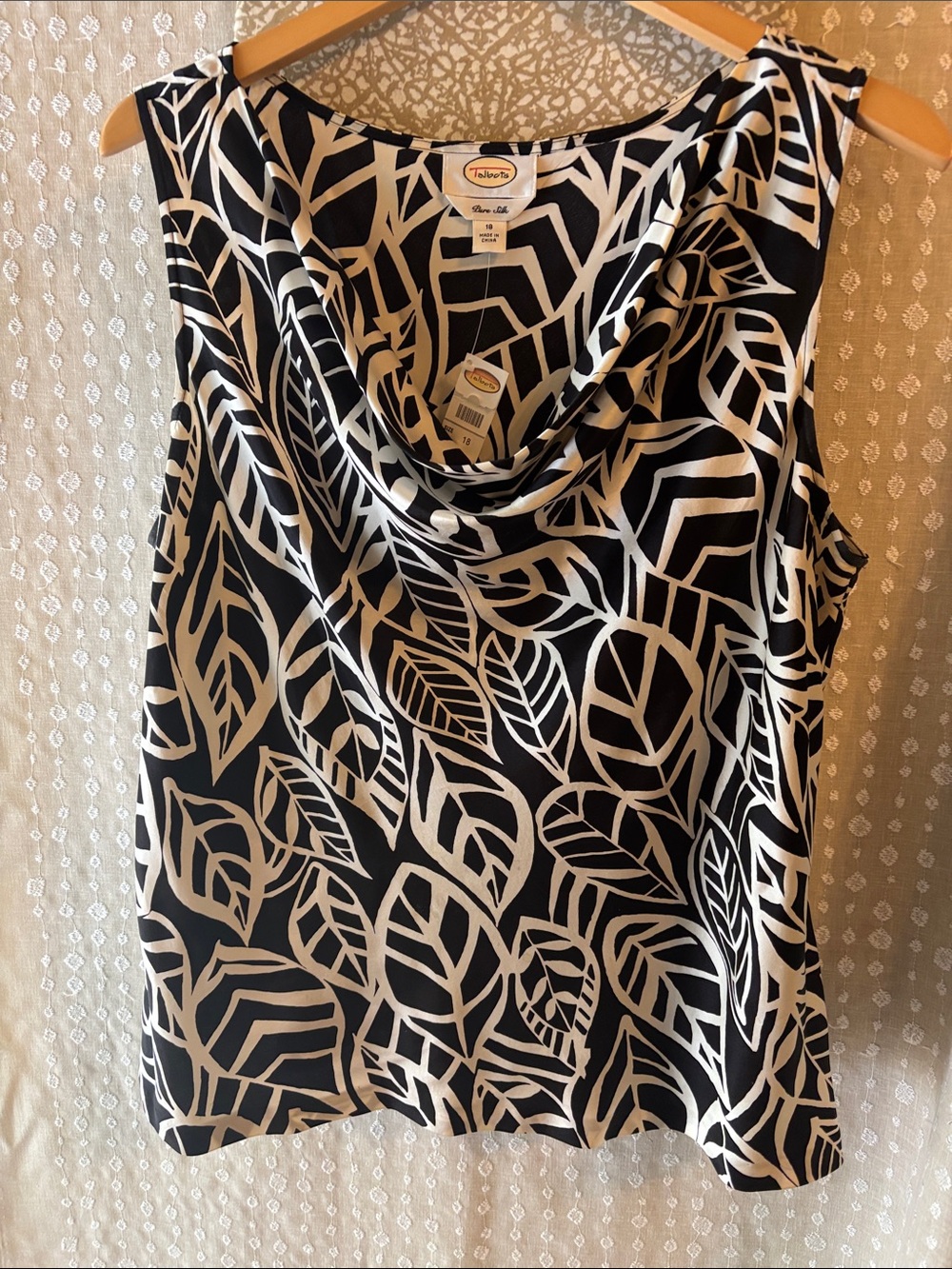 Talbots Black & White Leaf-Print Cowl-Neck Silk Camisole